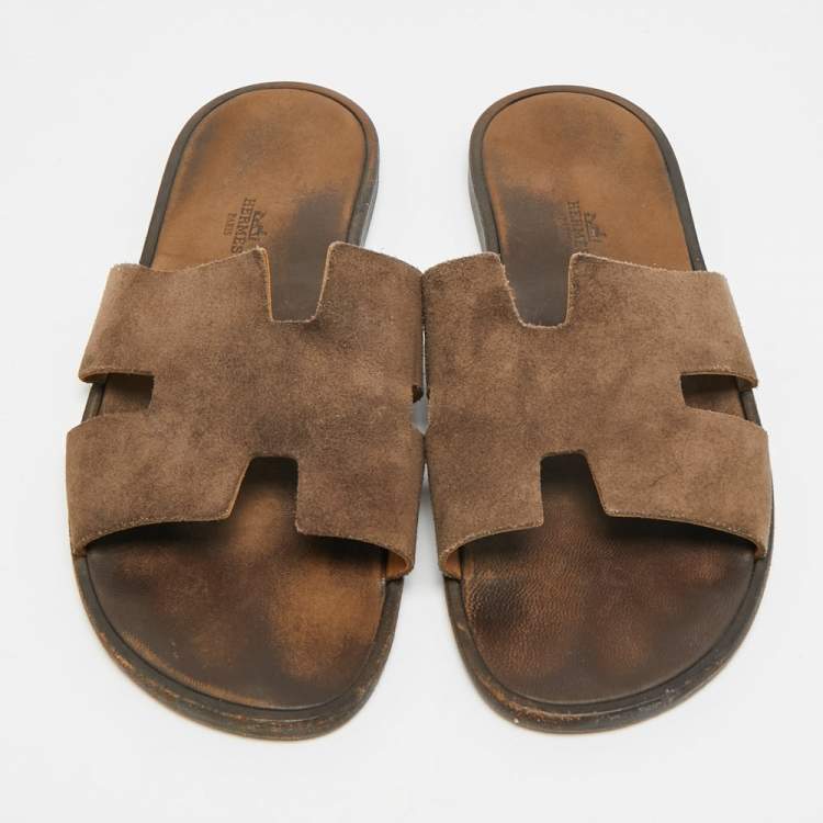 Pre Owned Hermes Izmir Size 45 Dark Brown Suede Flat Slide