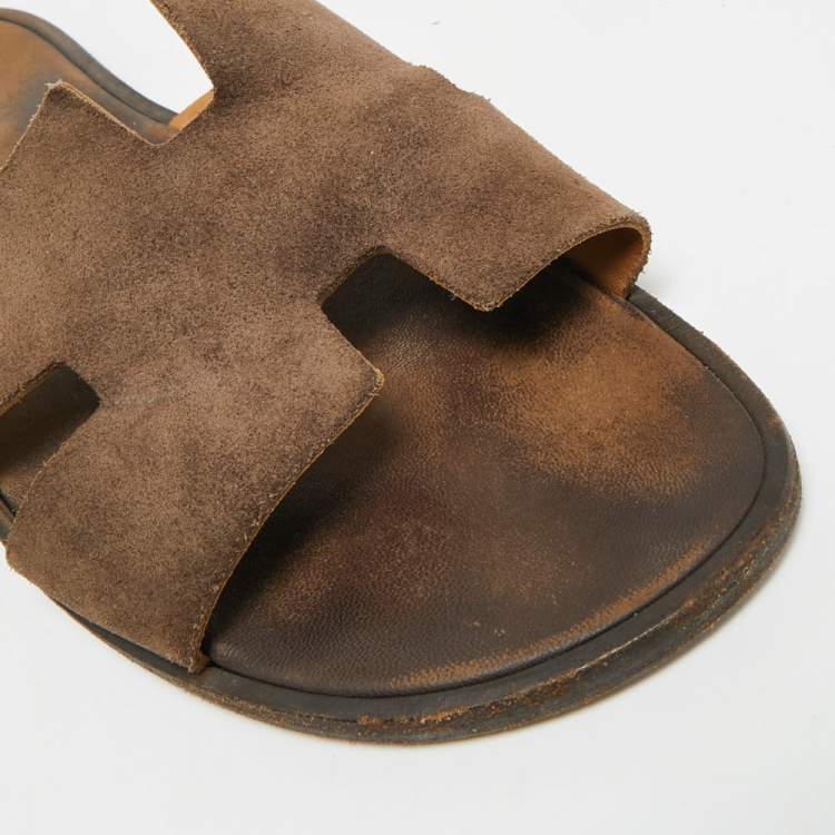 Pre Owned Hermes Izmir Size 45 Dark Brown Suede Flat Slide