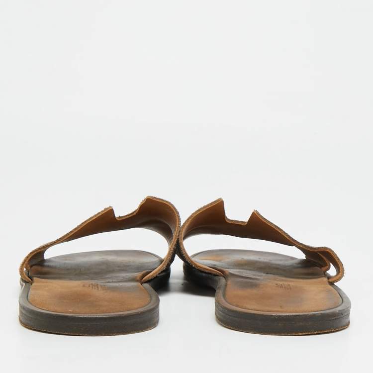 Pre Owned Hermes Izmir Size 45 Dark Brown Suede Flat Slide