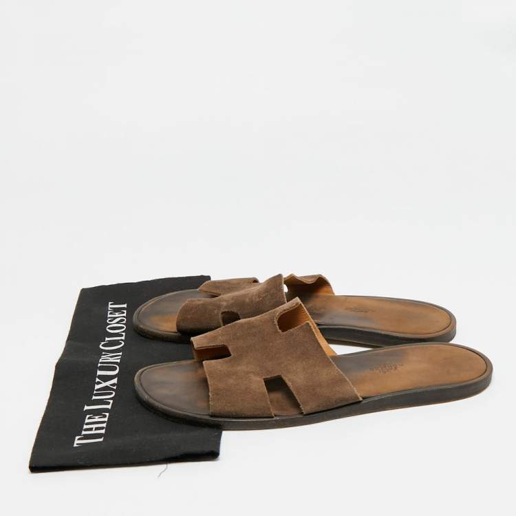 Pre Owned Hermes Izmir Size 45 Dark Brown Suede Flat Slide