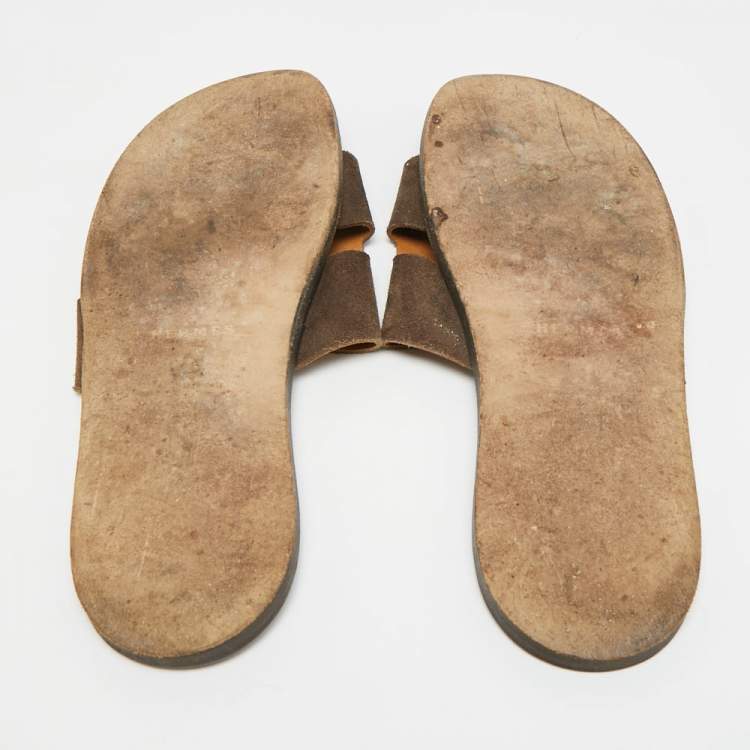 Pre Owned Hermes Izmir Size 45 Dark Brown Suede Flat Slide