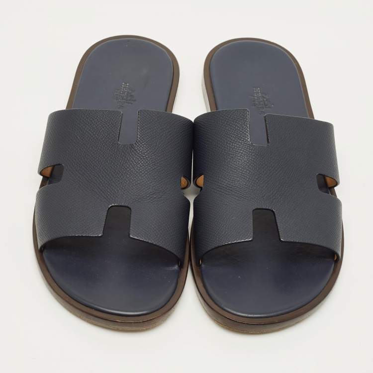 Pre Owned Hermes Izmir Size 42.5 Navy Blue Leather Slide Sandals