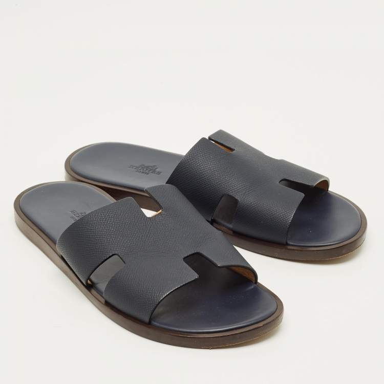 Pre Owned Hermes Izmir Size 42.5 Navy Blue Leather Slide Sandals