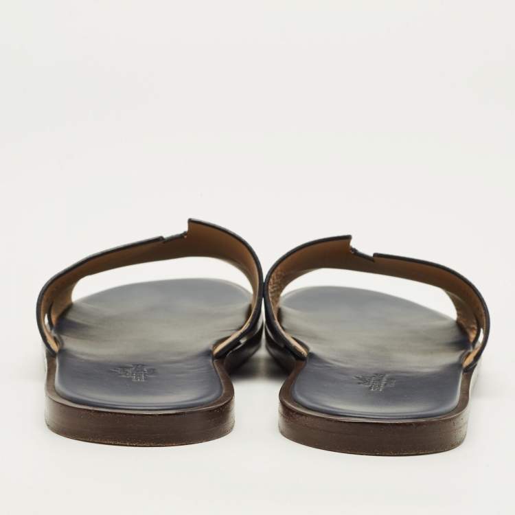 Pre Owned Hermes Izmir Size 42.5 Navy Blue Leather Slide Sandals