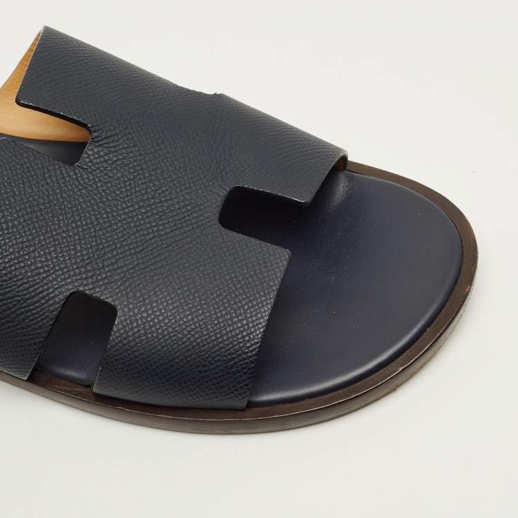 Pre Owned Hermes Izmir Size 42.5 Navy Blue Leather Slide Sandals