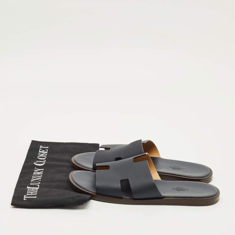 Pre Owned Hermes Izmir Size 42.5 Navy Blue Leather Slide Sandals
