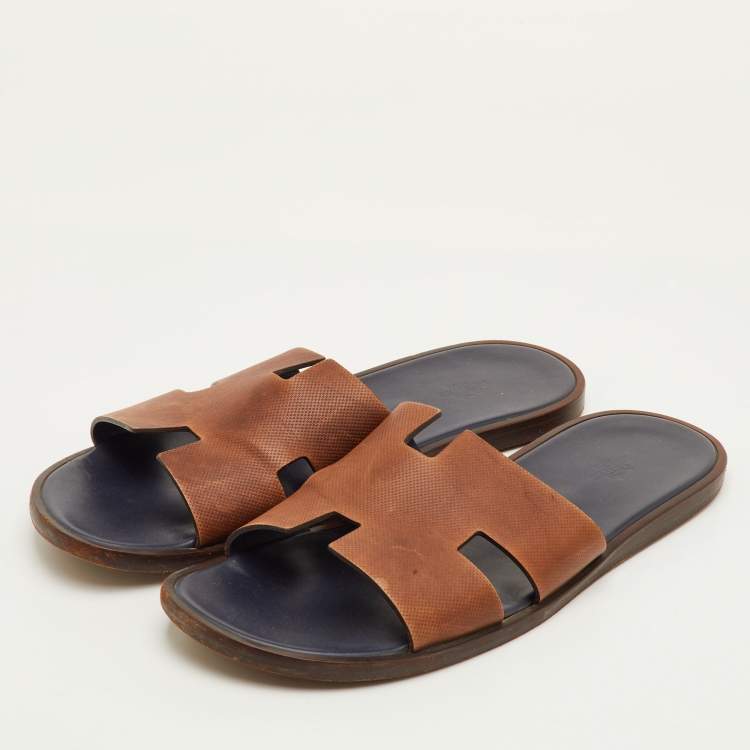 Pre Owned Hermès Izmir Size 46.5 Brown Embossed Leather Flat Slide Sandals