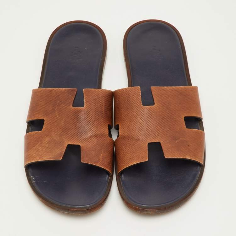 Pre Owned Hermès Izmir Size 46.5 Brown Embossed Leather Flat Slide Sandals