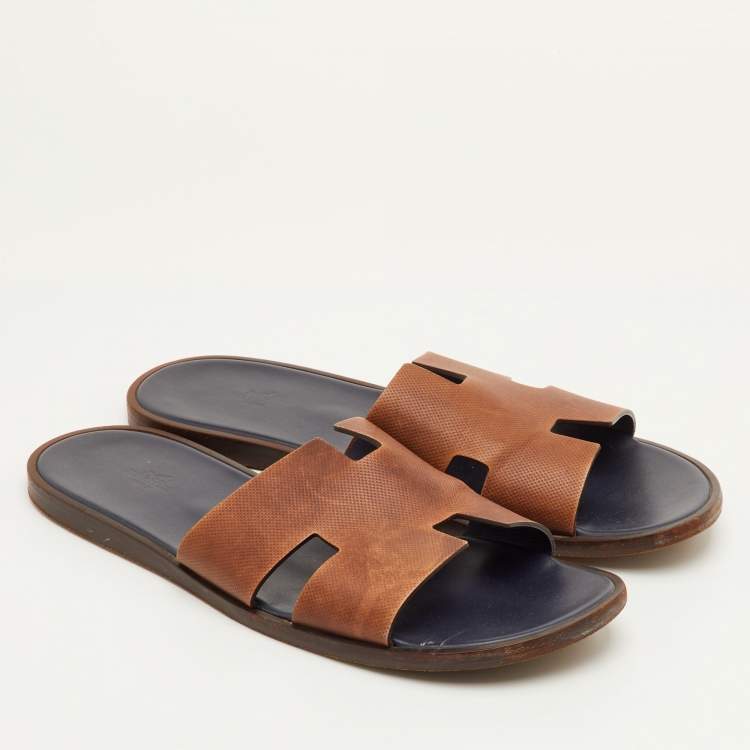 Pre Owned Hermès Izmir Size 46.5 Brown Embossed Leather Flat Slide Sandals