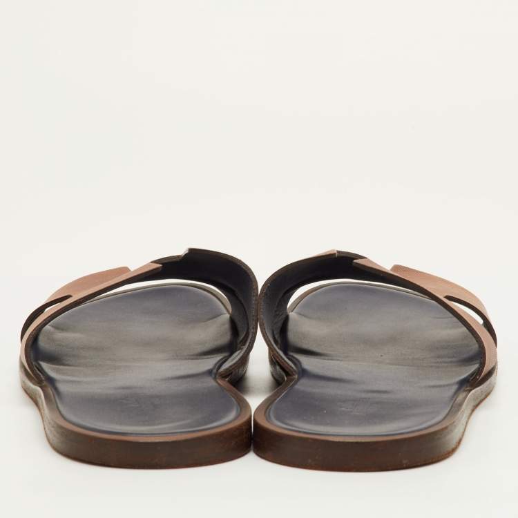 Pre Owned Hermès Izmir Size 46.5 Brown Embossed Leather Flat Slide Sandals