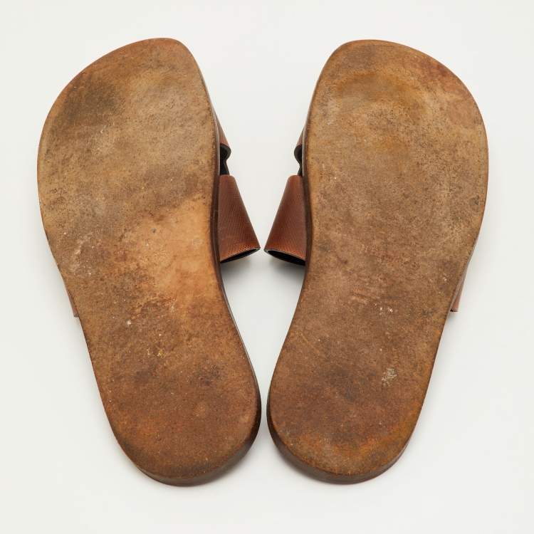 Pre Owned Hermès Izmir Size 46.5 Brown Embossed Leather Flat Slide Sandals