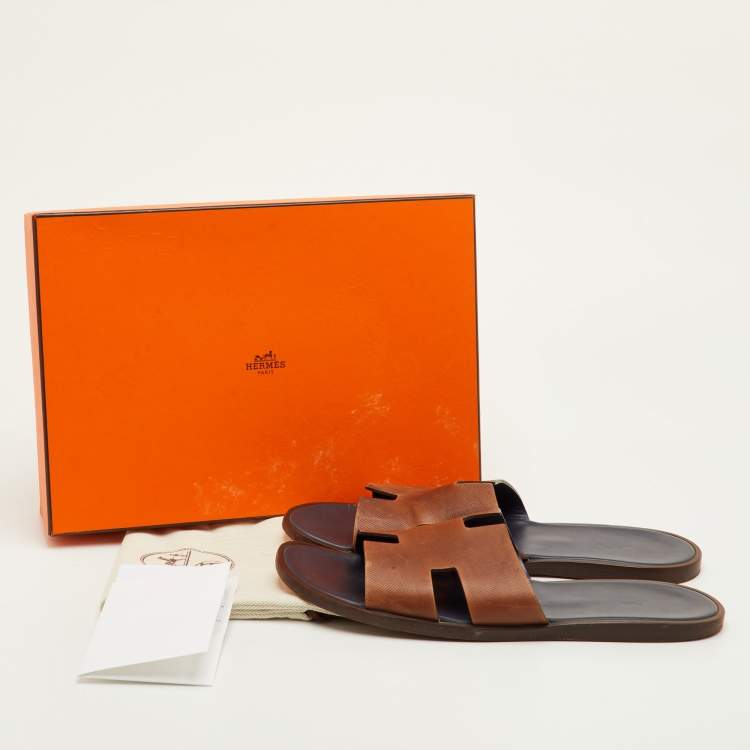 Pre Owned Hermès Izmir Size 46.5 Brown Embossed Leather Flat Slide Sandals