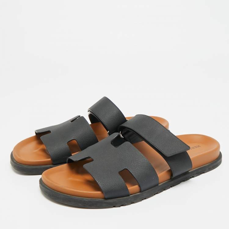 Pre Owned Hermes Chypre Size 42.5 Black Leather Slide Sandals