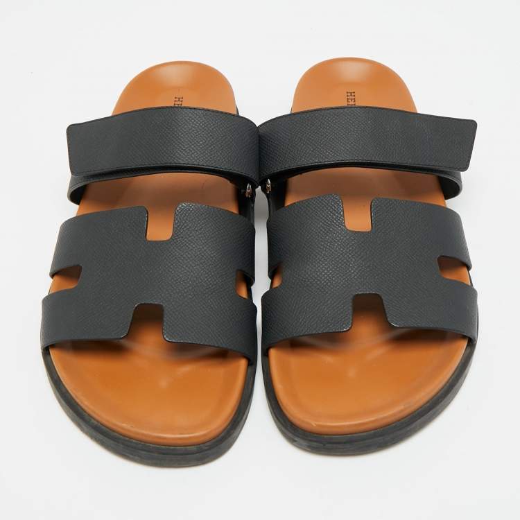 Pre Owned Hermes Chypre Size 42.5 Black Leather Slide Sandals