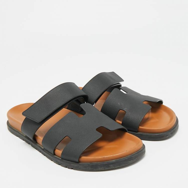 Pre Owned Hermes Chypre Size 42.5 Black Leather Slide Sandals