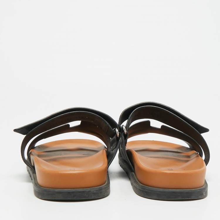 Pre Owned Hermes Chypre Size 42.5 Black Leather Slide Sandals