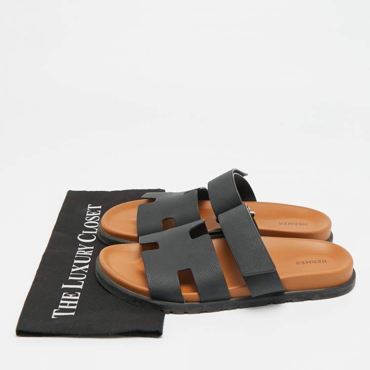 Pre Owned Hermes Chypre Size 42.5 Black Leather Slide Sandals