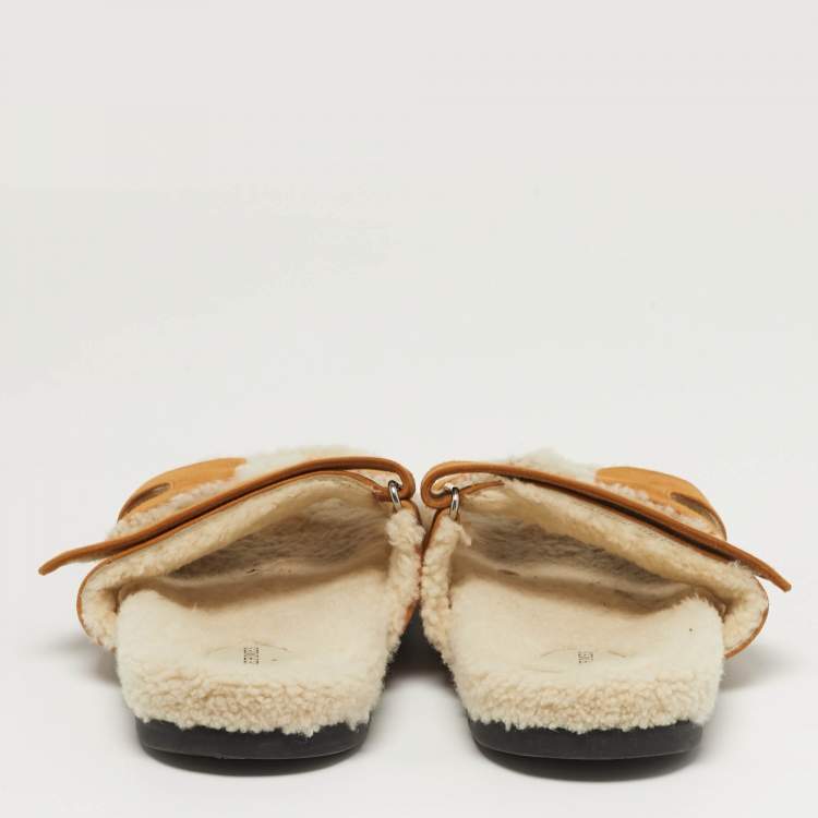 Pre Owned Hermes Chypre Size 42 Tan Shearling Fur and Suede Flat Slide