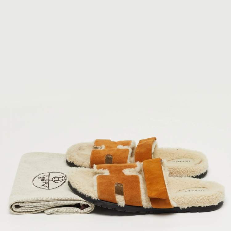 Pre Owned Hermes Chypre Size 42 Tan Shearling Fur and Suede Flat Slide