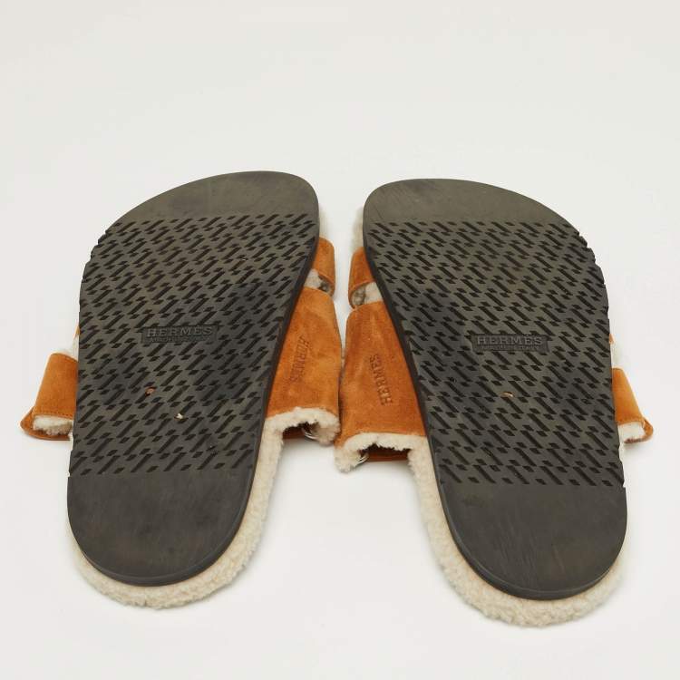 Pre Owned Hermes Chypre Size 42 Tan Shearling Fur and Suede Flat Slide