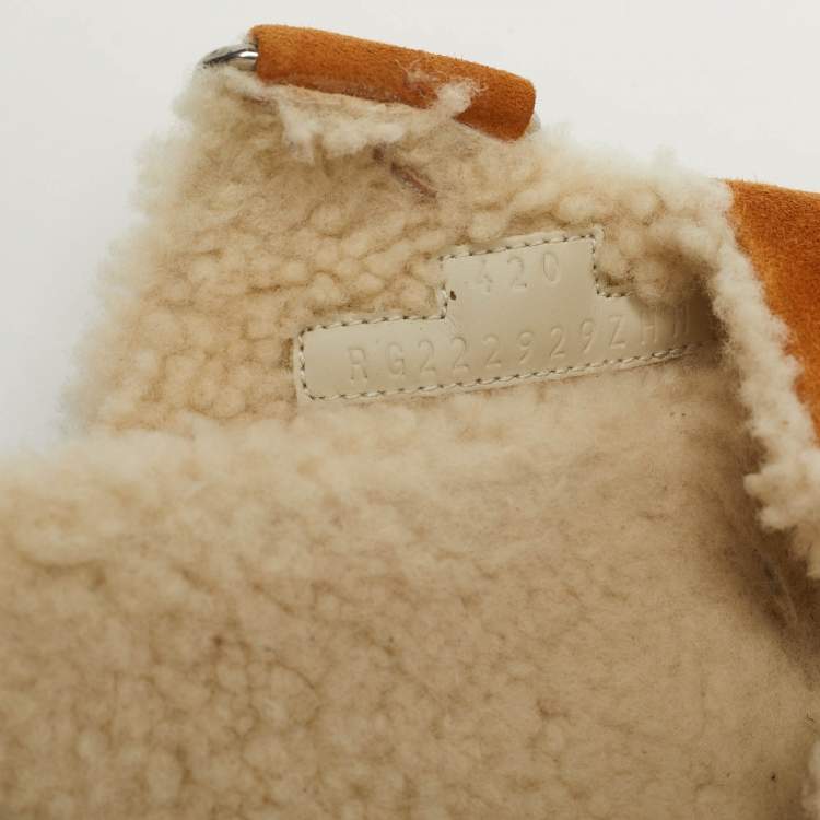 Pre Owned Hermes Chypre Size 42 Tan Shearling Fur and Suede Flat Slide