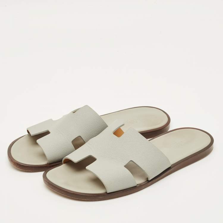 Pre Owned Hermes Izmir Size 42 Grey Leather Flat Slides