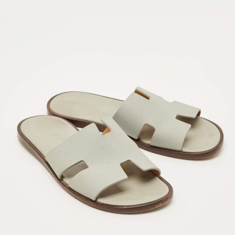 Pre Owned Hermes Izmir Size 42 Grey Leather Flat Slides