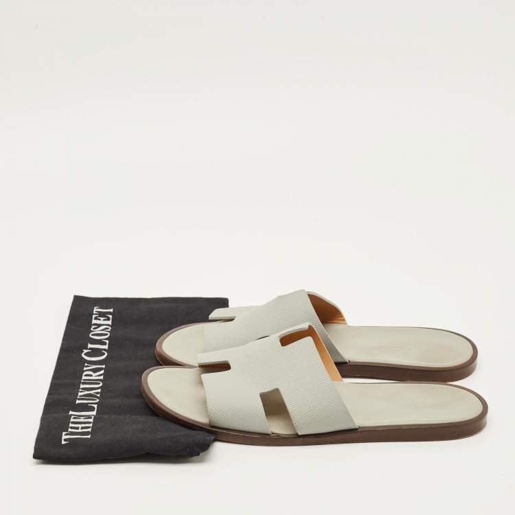 Pre Owned Hermes Izmir Size 42 Grey Leather Flat Slides