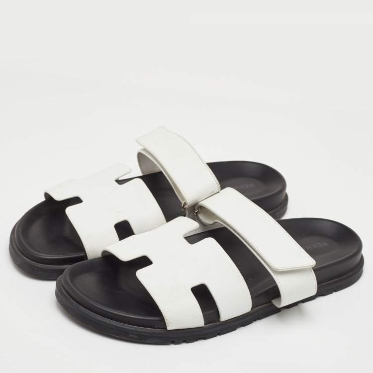 Pre Owned Hermes Chypre Size 43 White Leather Flat Slide Sandals