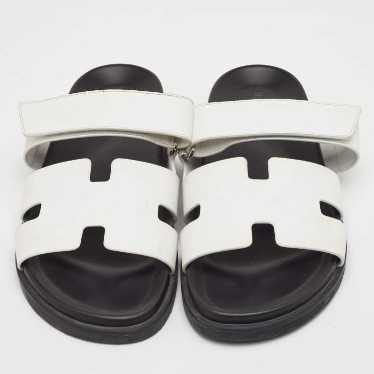 Pre Owned Hermes Chypre Size 43 White Leather Flat Slide Sandals