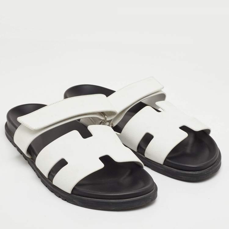 Pre Owned Hermes Chypre Size 43 White Leather Flat Slide Sandals