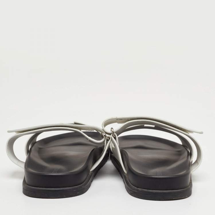 Pre Owned Hermes Chypre Size 43 White Leather Flat Slide Sandals