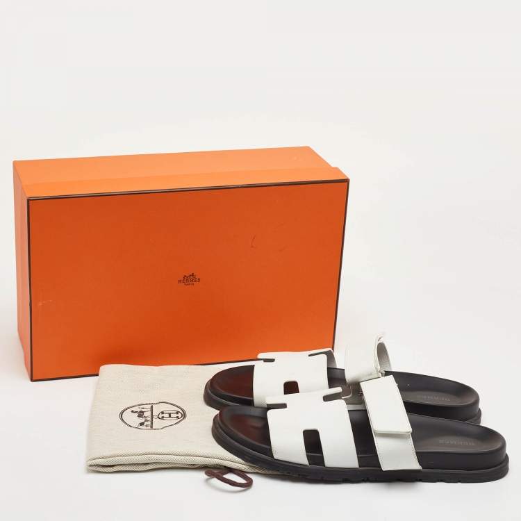 Pre Owned Hermes Chypre Size 43 White Leather Flat Slide Sandals