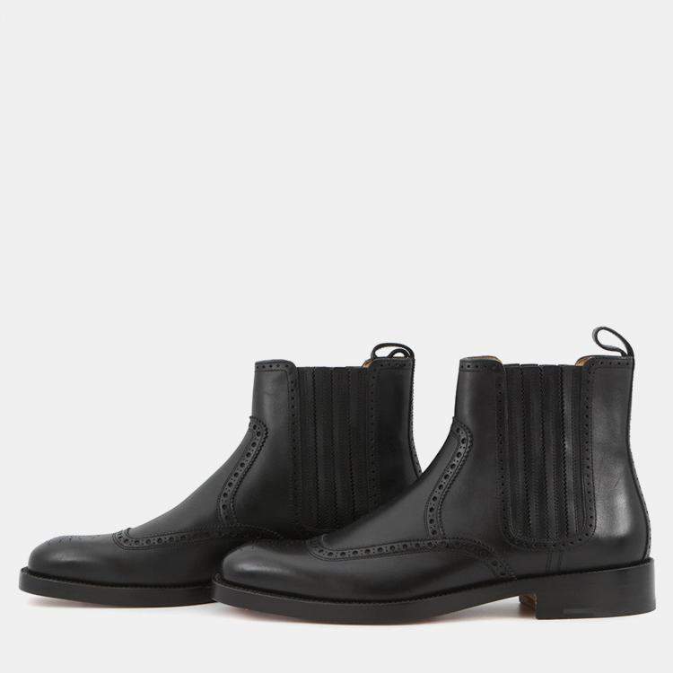 Pre Owned Hermes Side Gore Short Boots Brogue (Perforated) Black Leather Size 43