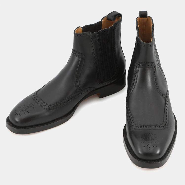 Pre Owned Hermes Side Gore Short Boots Brogue (Perforated) Black Leather Size 43