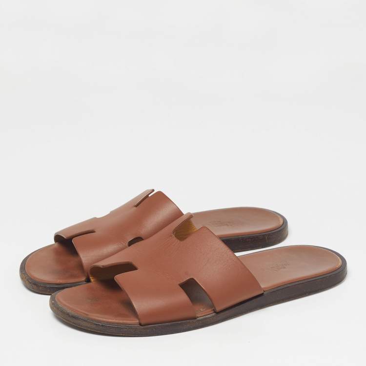 Pre Owned Hermes Izmir Size 41 Brown Leather Flat Slide