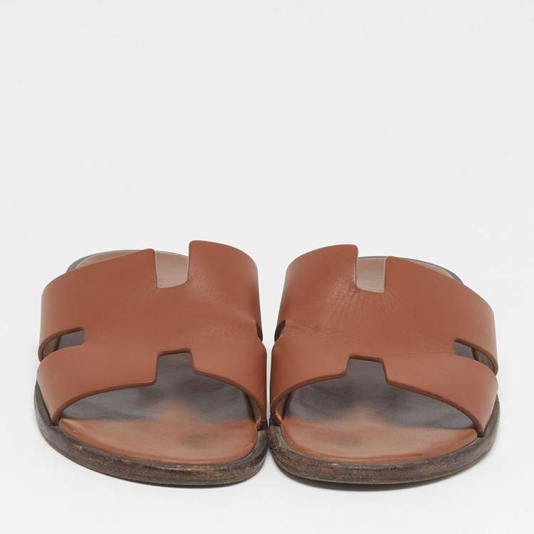 Pre Owned Hermes Izmir Size 41 Brown Leather Flat Slide