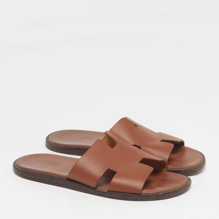 Pre Owned Hermes Izmir Size 41 Brown Leather Flat Slide
