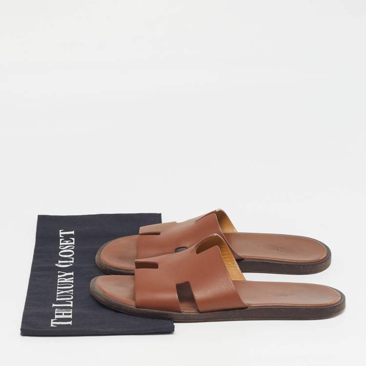 Pre Owned Hermes Izmir Size 41 Brown Leather Flat Slide