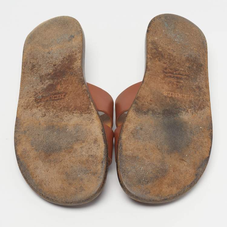 Pre Owned Hermes Izmir Size 41 Brown Leather Flat Slide