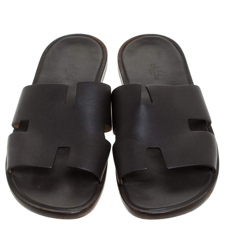 Pre Owned Hermes Dark Brown Leather Izmir Flat Slides Size 44
