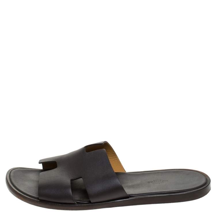 Hermes Dark Brown Leather Izmir Flat Slides Size 44 Hermes TLC