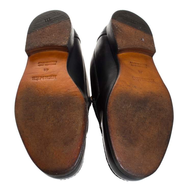 Pre Owned Hermes Black Logo Embossed Leather Slip On Loafers Size 41