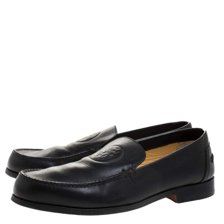 Pre Owned Hermes Black Logo Embossed Leather Slip On Loafers Size 41