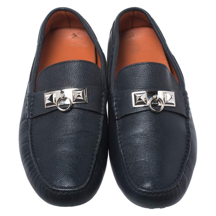 Pre Owned Hermes Blue Leather Slip On Loafers Size 42
