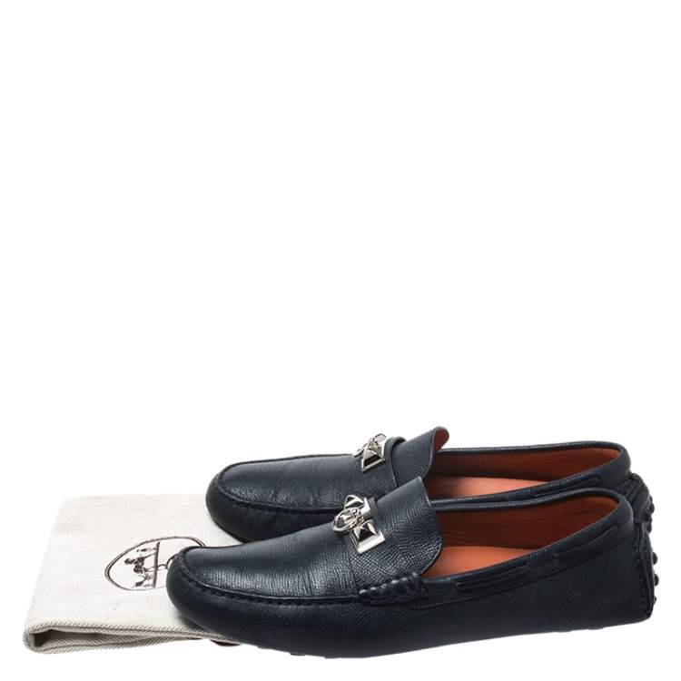 Pre Owned Hermes Blue Leather Slip On Loafers Size 42
