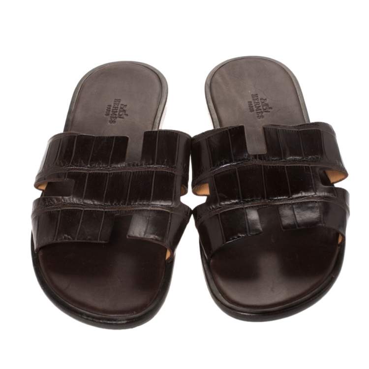 Pre Owned Hermes Brown Croc Leather Izmir Flat Sandals Size 42
