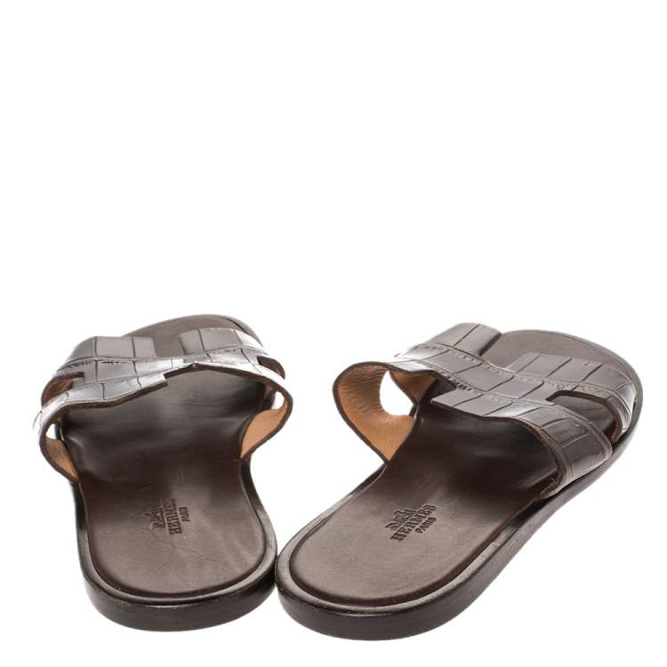 Pre Owned Hermes Brown Croc Leather Izmir Flat Sandals Size 42