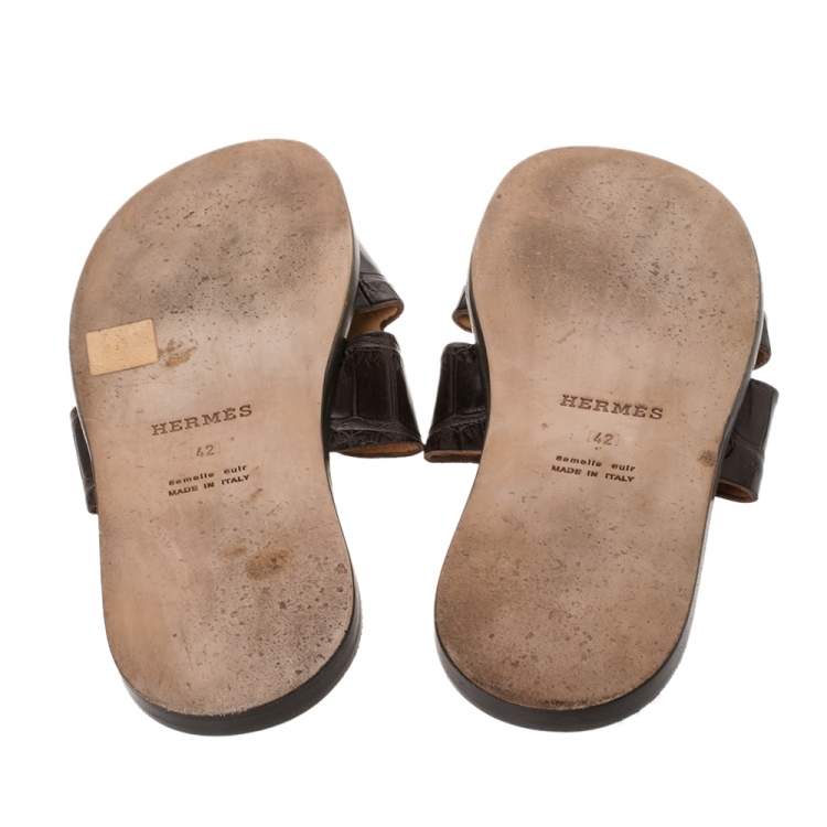 Pre Owned Hermes Brown Croc Leather Izmir Flat Sandals Size 42