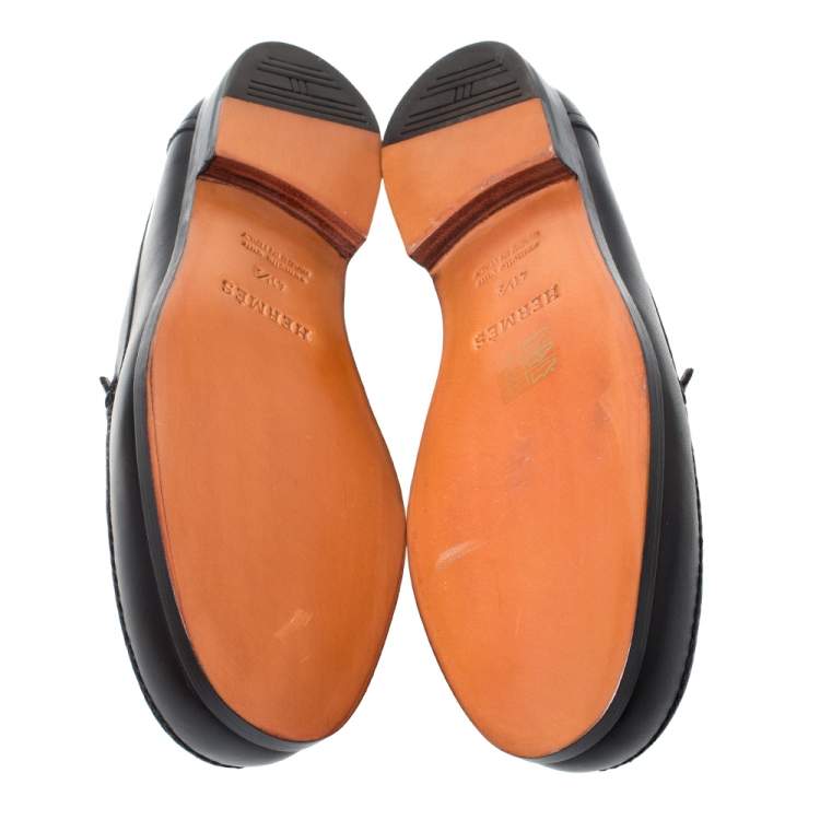 Pre Owned Hermes Black Logo Embossed Leather Slip On Loafers Size 41.5